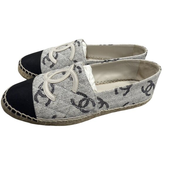 Chanel Espadrille Flats Canvas & Leather CC Logo Design Black/Gray - Picture 8 of 12